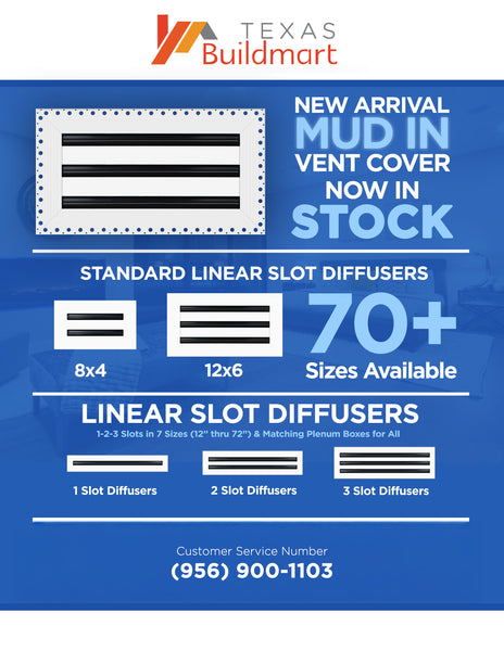 BUILDMART - 60" MUD-IN Linear Slot Diffuser - 1 Slot - Air Vent Cover - Drywall Mud In White Air Vent - Mud Linear Slot Diffuser - Register Grille for Ceiling and Walls - Texas Buildmart